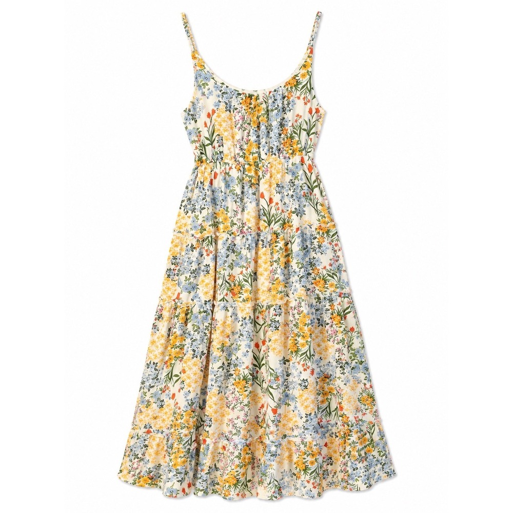 Liberty Love Floral Dress 2XL White Yellow Tiered Smocked Boho Summer